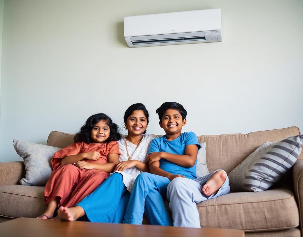 Happy Indian family relaxing at home with appliances running smoothly
